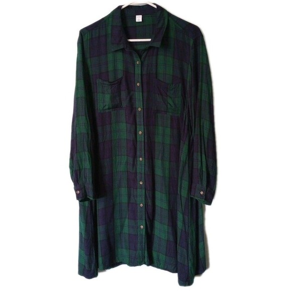 Old Navy Tunic Shirt dress XXL Blue Green Tartan Plaid Long Sleeve Holiday - Picture 2 of 6